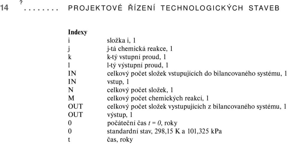 vstup, 1 N celkový počet složek, 1 M celkový počet chemických reakcí, 1 OUT celkový počet složek vystupujících z