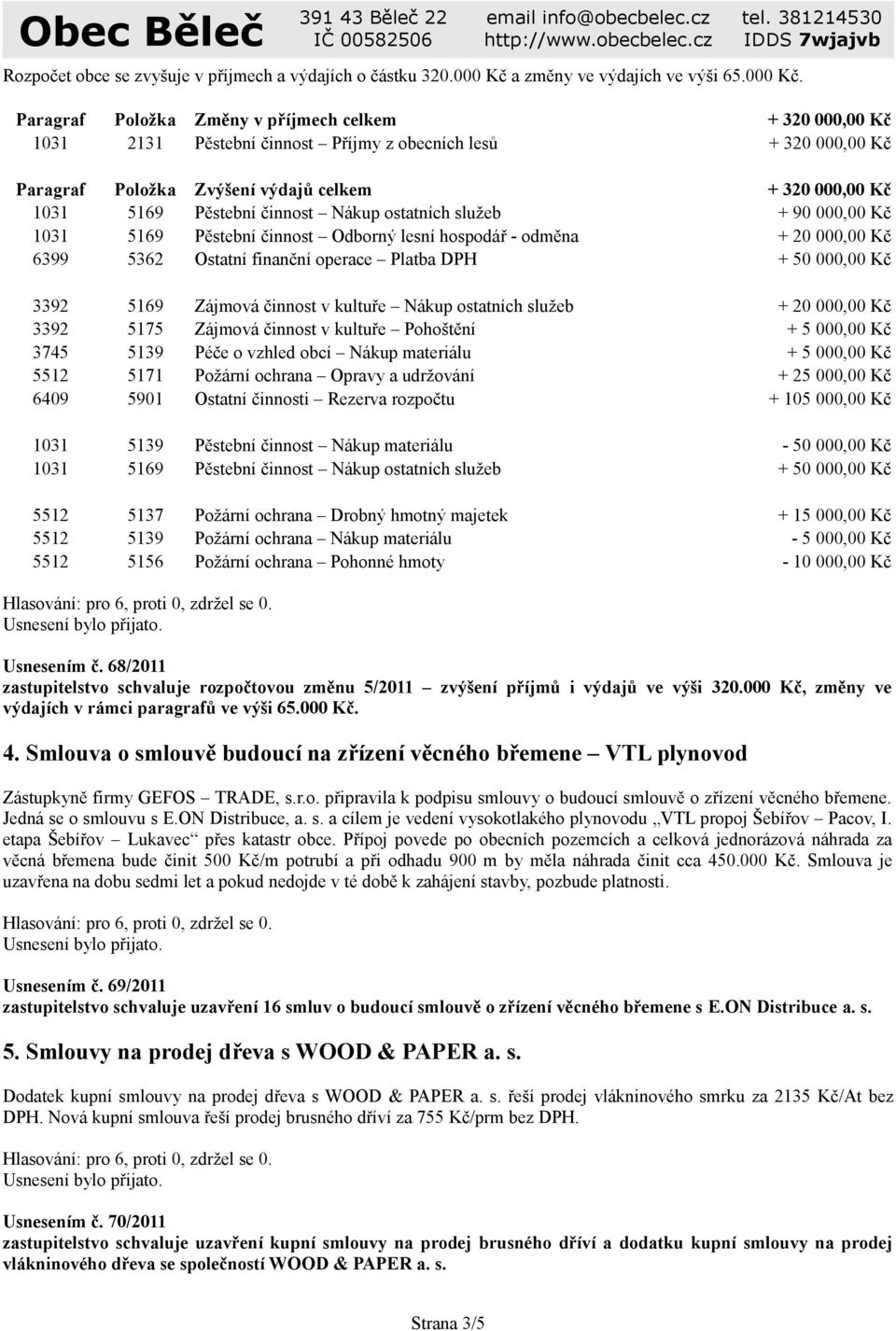 Paragraf Položka Změny v příjmech celkem + 320 000,00 Kč 1031 2131 Pěstební činnost Příjmy z obecních lesů + 320 000,00 Kč Paragraf Položka Zvýšení výdajů celkem + 320 000,00 Kč 1031 5169 Pěstební