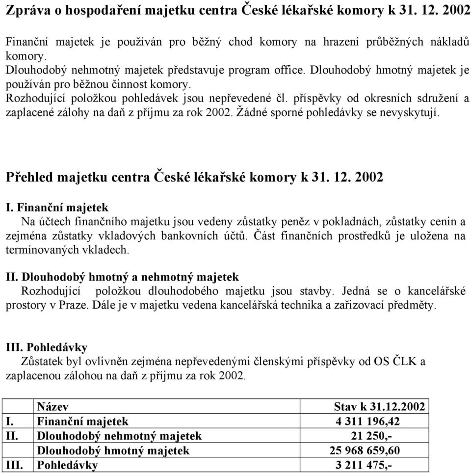 příspěvky od okresních sdružení a zaplacené zálohy na daň z příjmu za rok 2002. Žádné sporné pohledávky se nevyskytují.