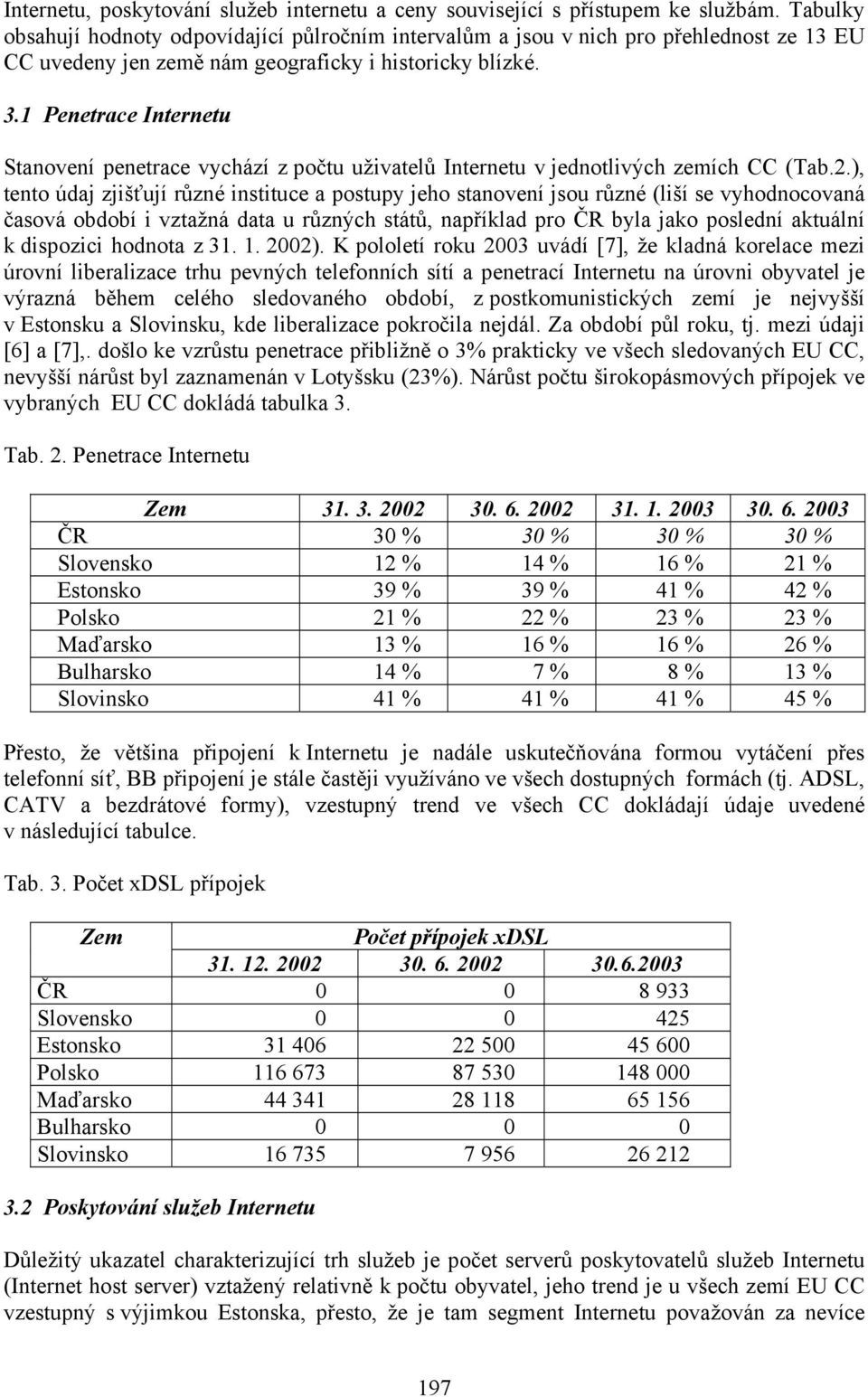 1 Penetrace Internetu Stanovení penetrace vychází z počtu uživatelů Internetu v jednotlivých zemích CC (Tab.2.