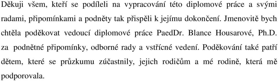 Jmenovitě bych chtěla poděkovat vedoucí diplomové práce PaedDr