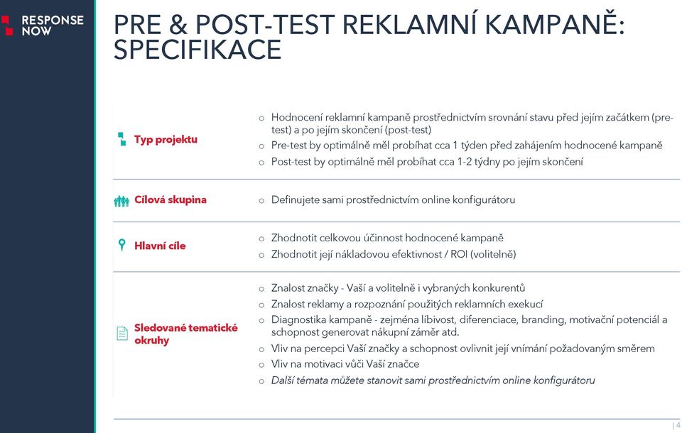 kampaně Pst-test by ptimálně měl prbíhat cca 1-2 týdny p jejím sknčení Cílvá skupina Definujete sami prstřednictvím nline knfigurátru $ Hlavní cíle Zhdntit celkvu účinnst hdncené kampaně Zhdntit její