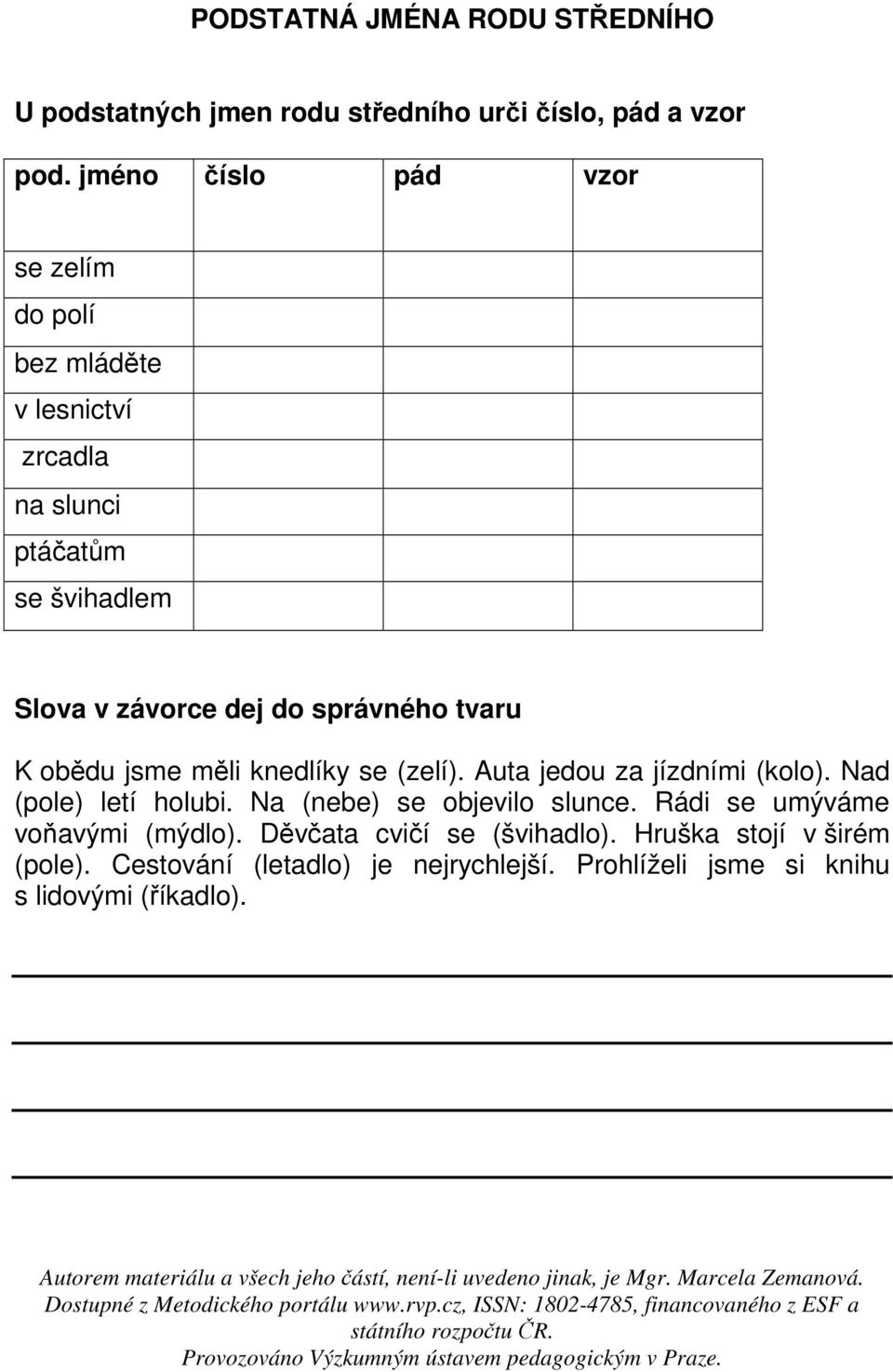 správného tvaru K obědu jsme měli knedlíky se (zelí). Auta jedou za jízdními (kolo). Nad (pole) letí holubi.