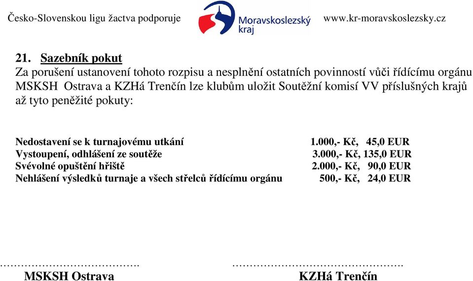 turnajovému utkání Vystoupení, odhlášení ze soutěže Svévolné opuštění hřiště Nehlášení výsledků turnaje a všech střelců