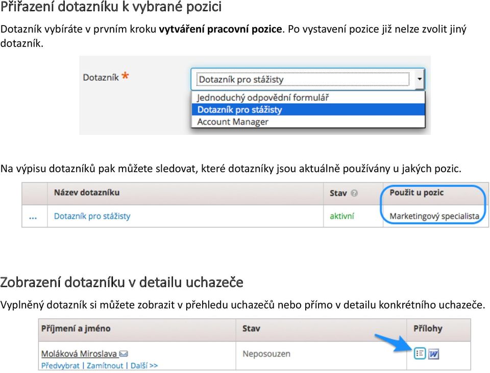 Na výpisu dotazníků pak můžete sledovat, které dotazníky jsou aktuálně používány u jakých pozic.