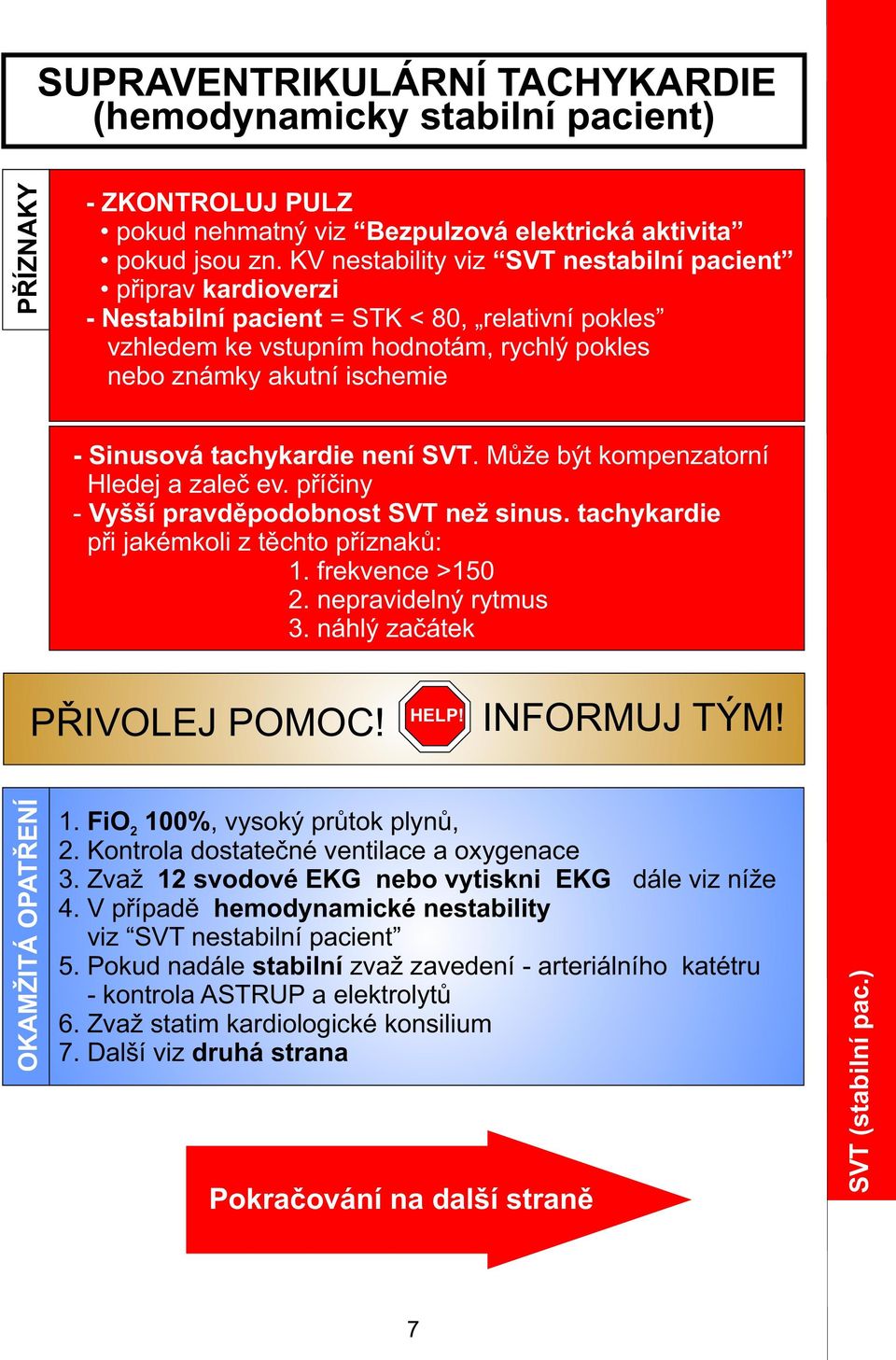 tachykardie není SVT. Může být kompenzatorní Hledej a zaleč ev. příčiny - Vyšší pravděpodobnost SVT než sinus. tachykardie při jakémkoli z těchto příznaků: 1. frekvence >150. nepravidelný rytmus 3.