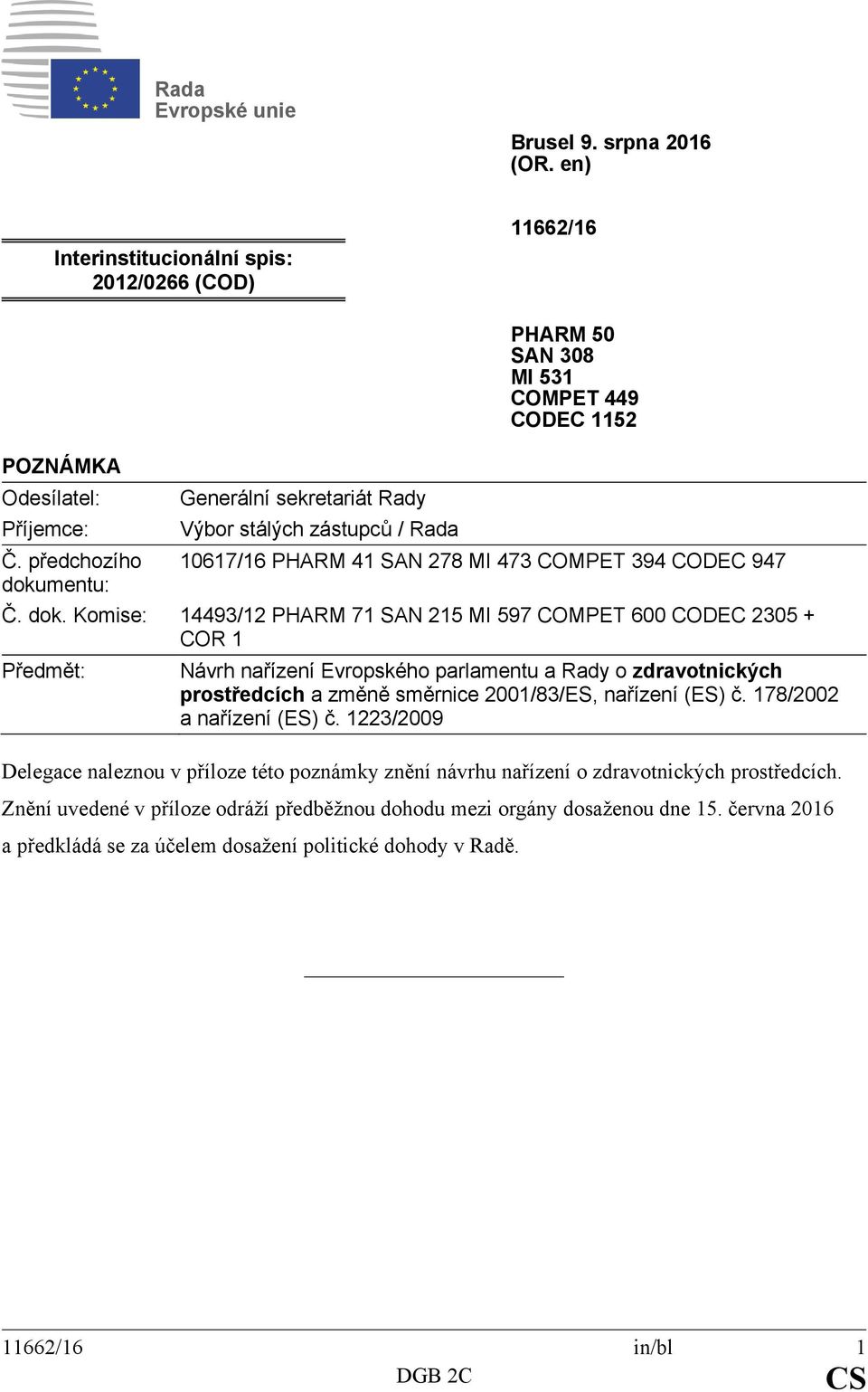 mentu: Generální sekretariát Rady Výbor stálých zástupců / Rada PHARM 50 SAN 308 MI 531 COMPET 449 CODEC 1152 10617/16 PHARM 41 SAN 278 MI 473 COMPET 394 CODEC 947 Č. dok.