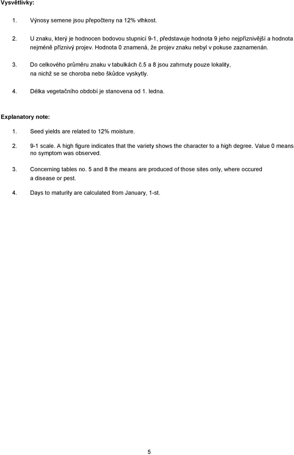 Délka vegetačního období je stanovena od 1. ledna. Explanatory note: 1. Seed yields are related to 12% moisture. 2. 9-1 scale.