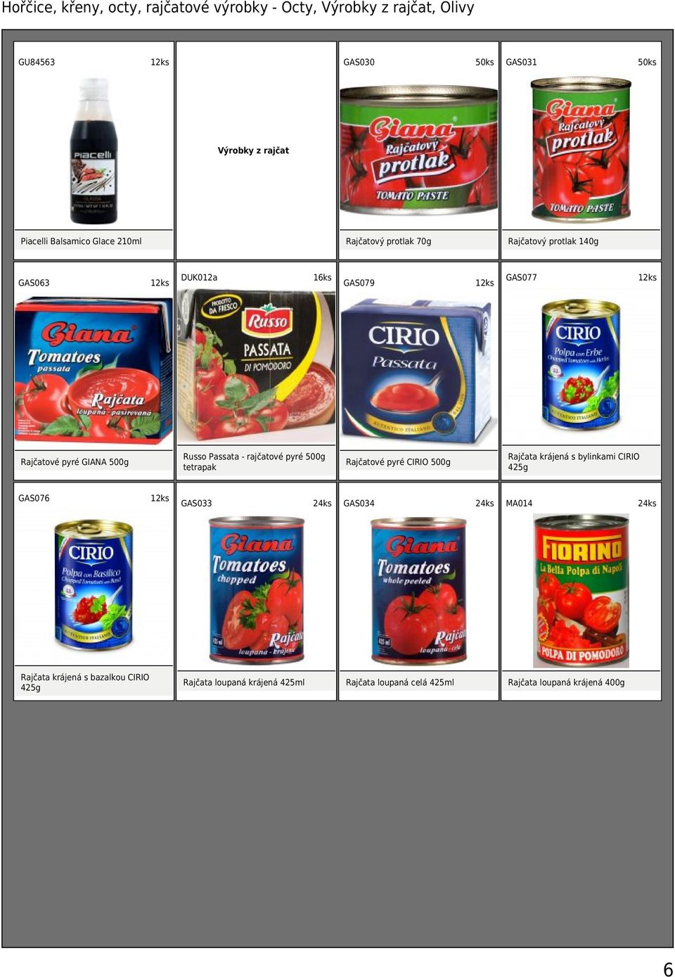 425g DUK012a 1 GAS079 Russo Passata - rajčatové pyré 500g tetrapak Rajčatové pyré CIRIO 500g GAS033 GAS034 Rajčata loupaná