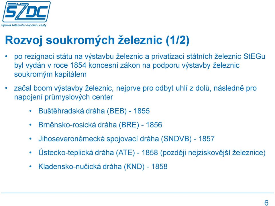 následně pro napojení průmyslových center Buštěhradská dráha (BEB) - 1855 Brněnsko-rosická dráha (BRE) - 1856 Jihoseveroněmecká