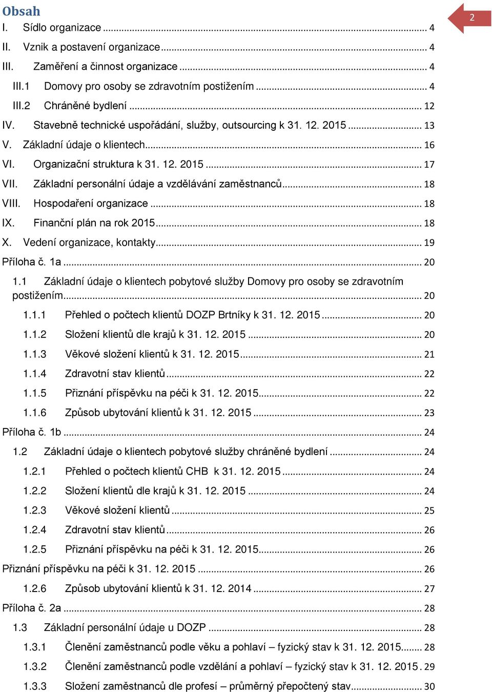 Základní personální údaje a vzdělávání zaměstnanců... 18 VIII. Hospodaření organizace... 18 IX. Finanční plán na rok 2015... 18 X. Vedení organizace, kontakty... 19 Příloha č. 1a... 20 1.