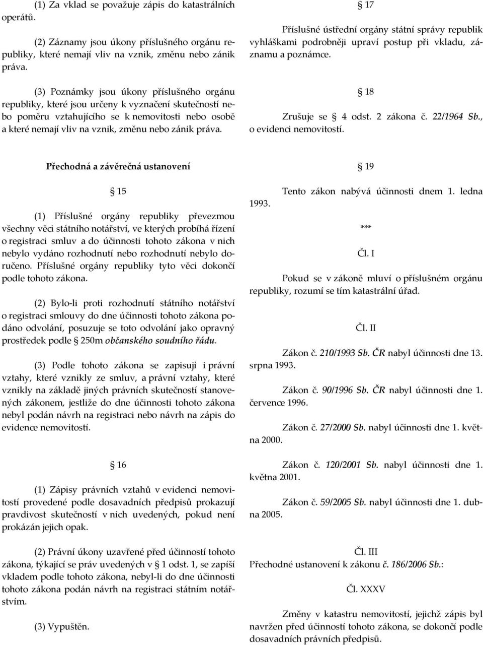 práva. 17 Příslušné ústřední orgány státní správy republik vyhláškami podrobněji upraví postup při vkladu, záznamu a poznámce. 18 Zrušuje se 4 odst. 2 zákona č. 22/1964 Sb., o evidenci nemovitostí.