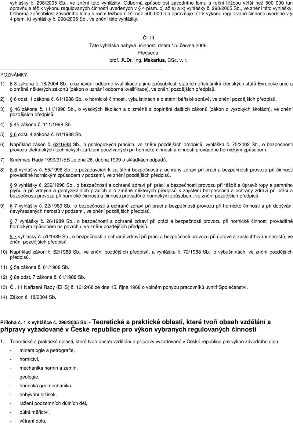 k) vyhlášky č. 298/2005 Sb., ve znění této vyhlášky. Čl. III Tato vyhláška nabývá účinnosti dnem 15. června 2006. Předseda: prof. JUDr. Ing. Makarius, CSc. v. r. POZNÁMKY: 1) 3 zákona č. 18/2004 Sb.