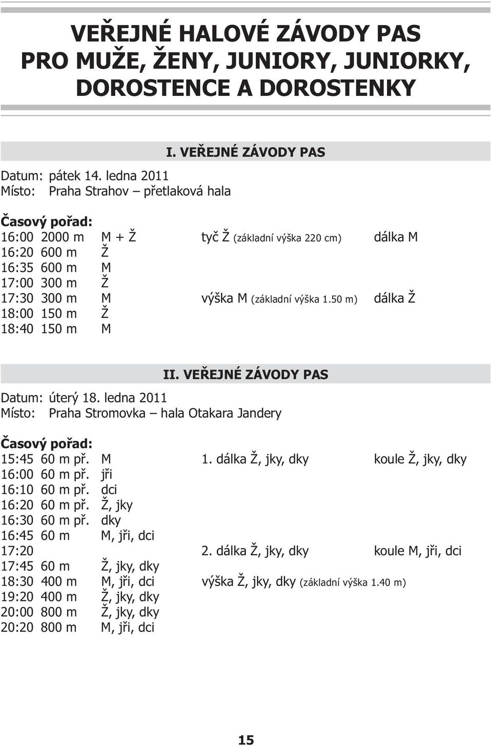 50 m) dálka Ž 18:00 150 m Ž 18:40 150 m M II. VEØEJNÉ ZÁVODY PAS Datum: úterý 18. ledna 2011 Místo: Praha Stromovka hala Otakara Jandery 15:45 60 m pø. M 1.