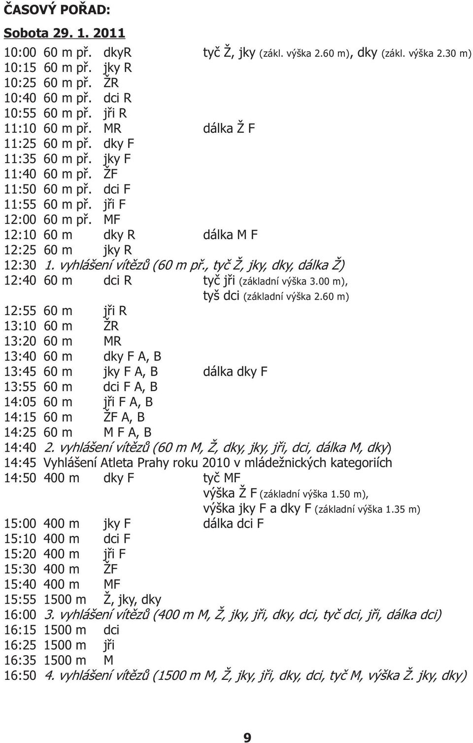 MF 12:10 60 m dky R dálka M F 12:25 60 m jky R 12:30 1. vyhlášení vítìzù (60 m pø., tyè Ž, jky, dky, dálka Ž) 12:40 60 m dci R tyè jøi (základní výška 3.00 m), tyš dci (základní výška 2.