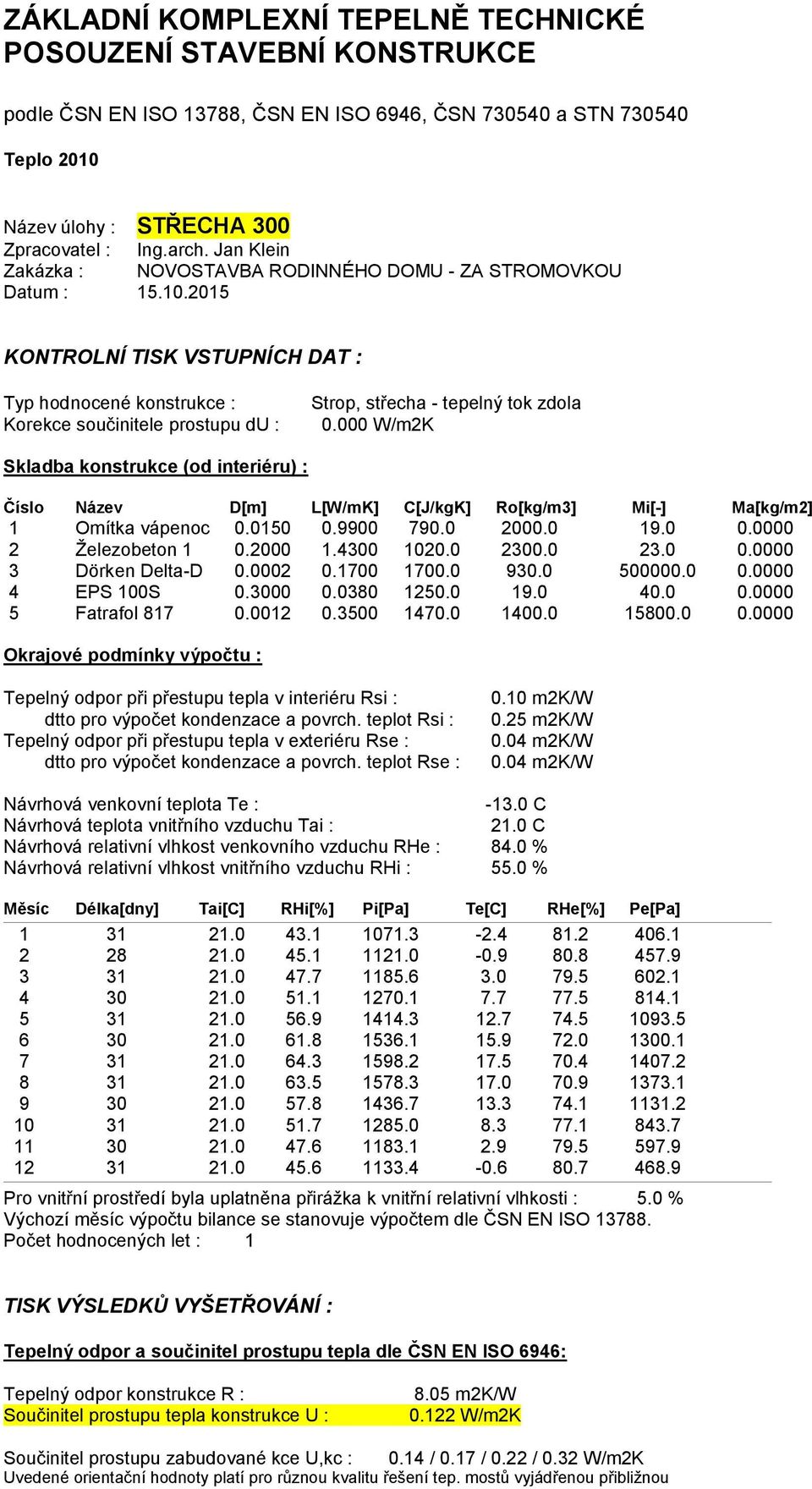 2015 KONTROLNÍ TISK VSTUPNÍCH DAT : Typ hodnocené konstrukce : Korekce součinitele prostupu du : Strop, střecha - tepelný tok zdola 0.