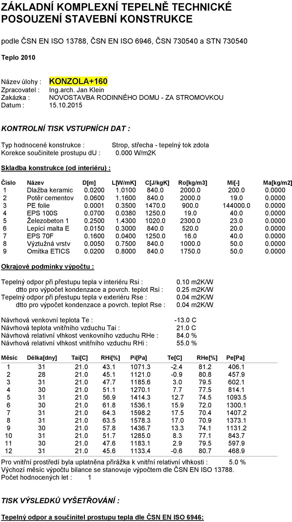 2015 KONTROLNÍ TISK VSTUPNÍCH DAT : Typ hodnocené konstrukce : Korekce součinitele prostupu du : Strop, střecha - tepelný tok zdola 0.