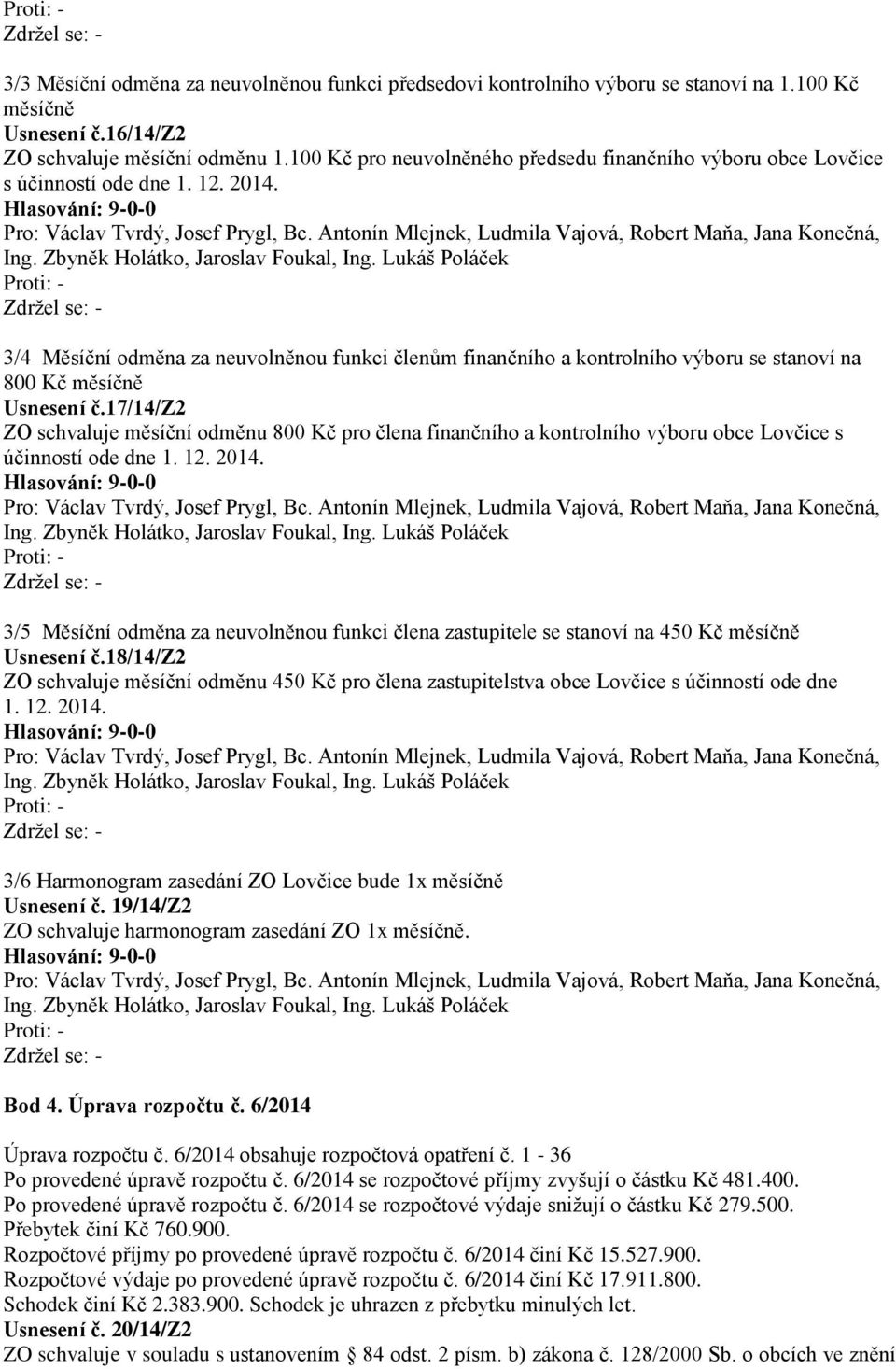 3/4 Měsíční odměna za neuvolněnou funkci členům finančního a kontrolního výboru se stanoví na 800 Kč měsíčně Usnesení č.