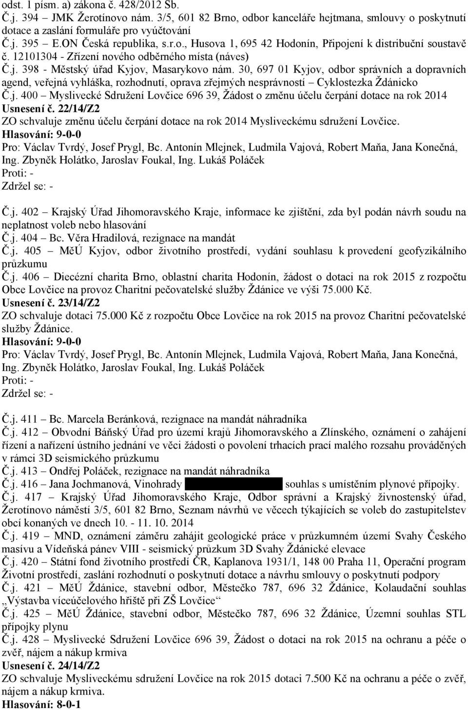 30, 697 01 Kyjov, odbor správních a dopravních agend, veřejná vyhláška, rozhodnutí, oprava zřejmých nesprávností Cyklostezka Ždánicko Č.j. 400 Myslivecké Sdružení Lovčice 696 39, Žádost o změnu účelu čerpání dotace na rok 2014 Usnesení č.