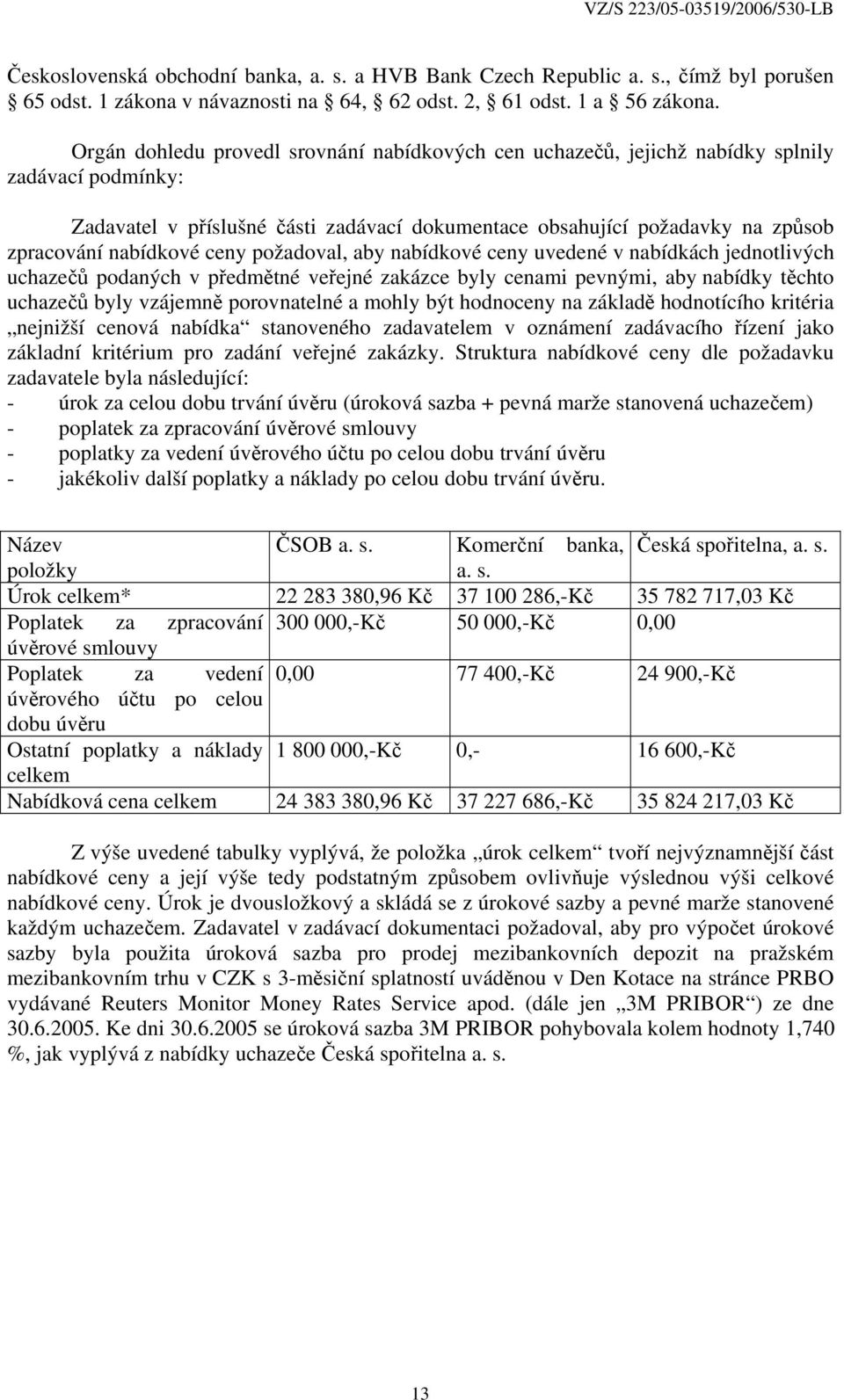 nabídkové ceny požadoval, aby nabídkové ceny uvedené v nabídkách jednotlivých uchazečů podaných v předmětné veřejné zakázce byly cenami pevnými, aby nabídky těchto uchazečů byly vzájemně porovnatelné