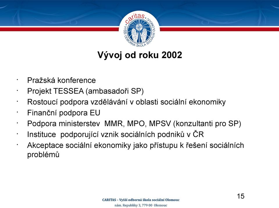 ministerstev MMR, MPO, MPSV (konzultanti pro SP) Instituce podporující vznik