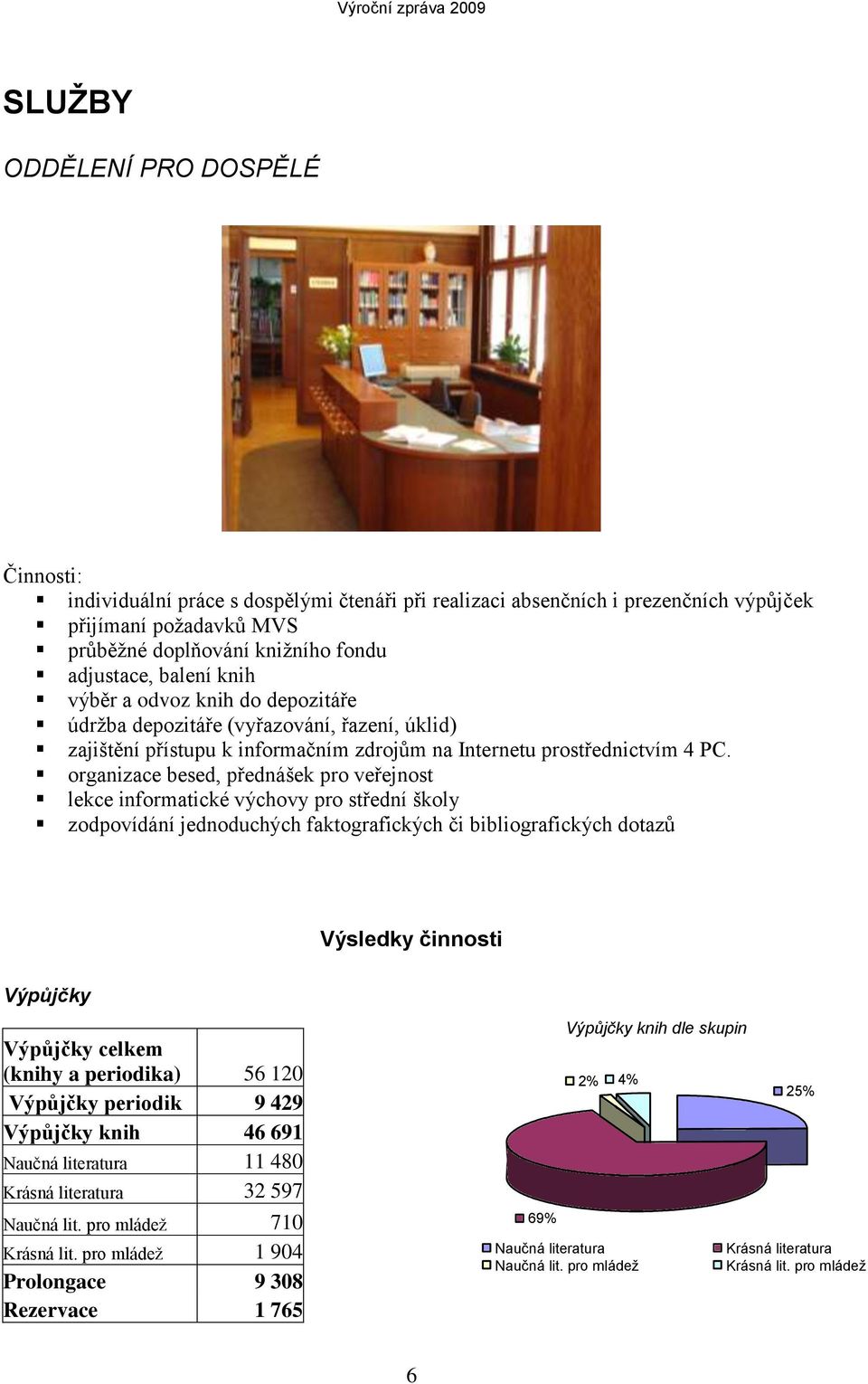 organizace besed, přednášek pro veřejnost lekce informatické výchovy pro střední školy zodpovídání jednoduchých faktografických či bibliografických dotazů Výsledky činnosti Výpůjčky Výpůjčky celkem