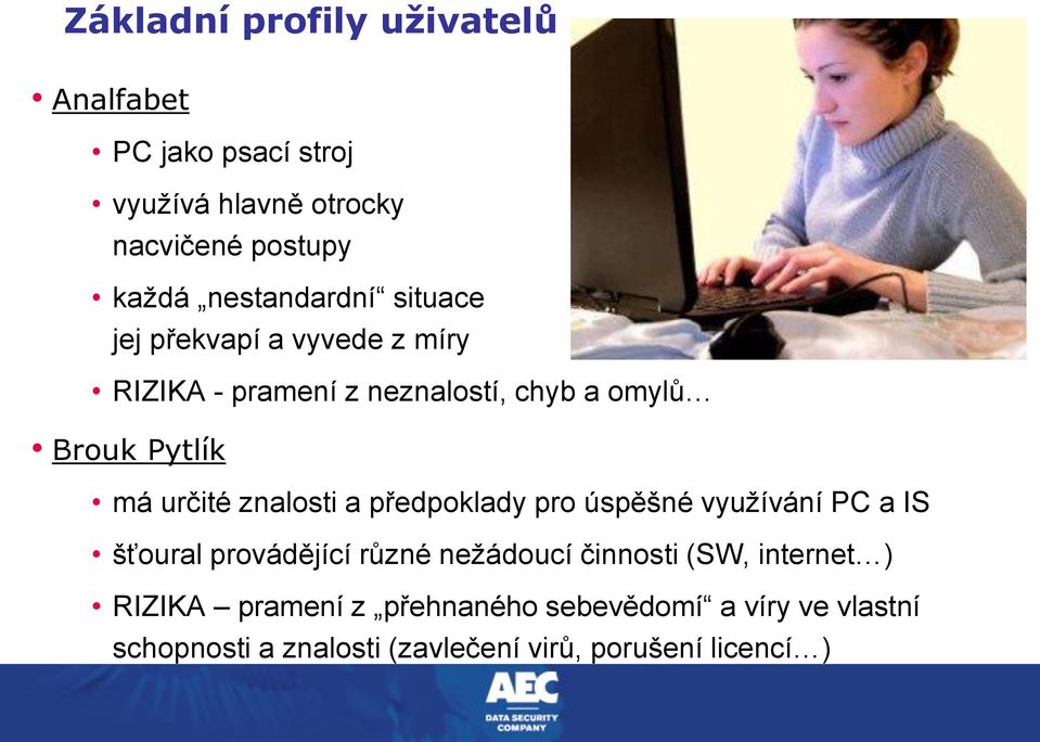 určité znalosti a předpoklady pro úspěšné využívání PC a IS šťoural provádějící různé nežádoucí činnosti (SW,