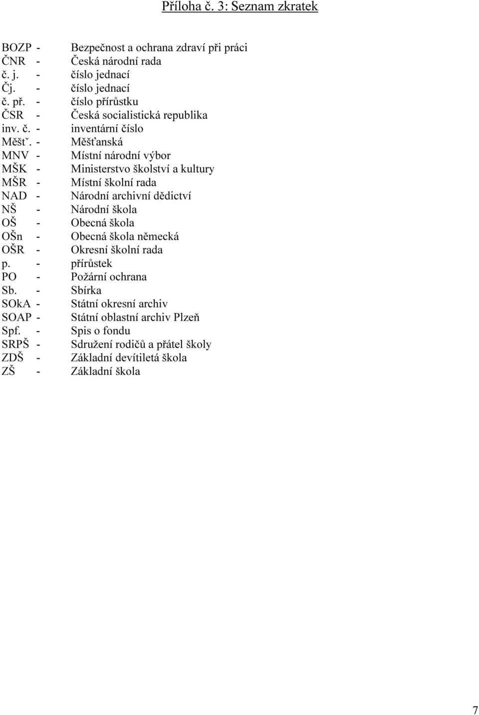 - Měšťanská MNV - Místní národní výbor MŠK - Ministerstvo školství a kultury MŠR - Místní školní rada NAD - Národní archivní dědictví NŠ - Národní škola OŠ - Obecná škola