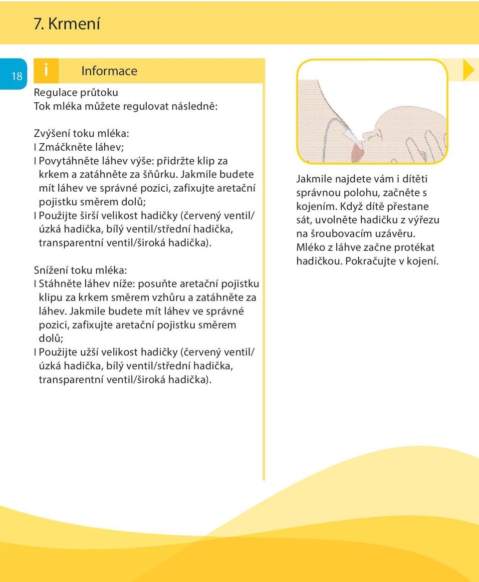 ventil/široká hadička). Snížení toku mléka: I Stáhněte láhev níže: posuňte aretační pojistku klipu za krkem směrem vzhůru a zatáhněte za láhev.