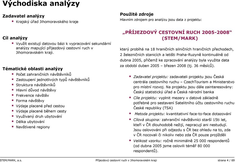 Tématické oblasti analýzy Počet zahraničních návštěvníků Zastoupení jednotlivých typů návštěvníků Struktura návštěvníků Hlavní důvod návštěvy Frekvence návštěv Forma návštěvy Výdaje placené před