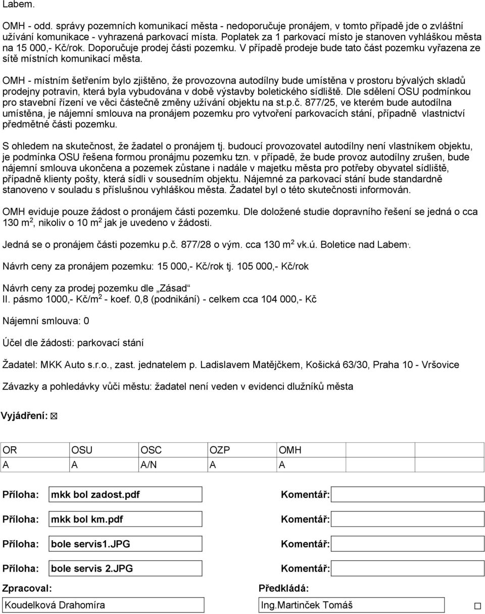 OMH - místním šetřením bylo zjištěno, že provozovna autodílny bude umístěna v prostoru bývalých skladů prodejny potravin, která byla vybudována v době výstavby boletického sídliště.