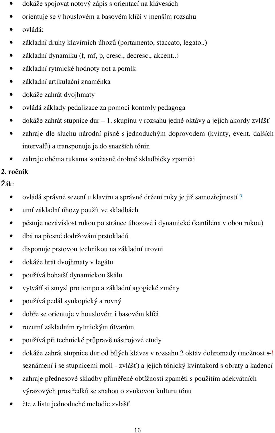 .) základní rytmické hodnoty not a pomlk základní artikulační znaménka dokáže zahrát dvojhmaty ovládá základy pedalizace za pomoci kontroly pedagoga dokáže zahrát stupnice dur 1.