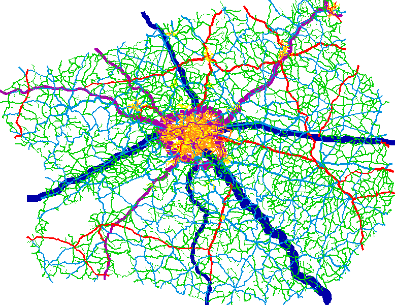 Dopravní model intenzit automobilové dopravy zahrnuje kompletní komunikační síť a dopravní vztahy na území České republiky, včetně přeshraničních vazeb, a to jak pro současný stav, tak i v prognóze
