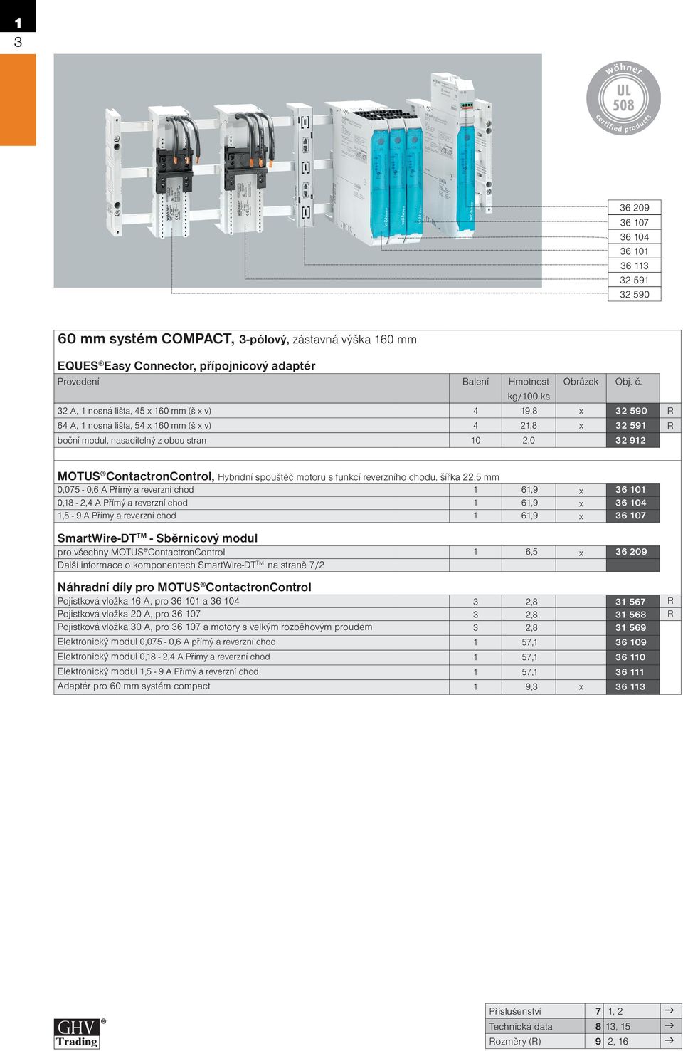 ContactronControl, Hybridní spouštěč motoru s funkcí reverzního chodu, šířka 22,5 mm 0,075-0,6 A Přímý a reverzní chod 1 61,9 x 36 101 0,18-2,4 A Přímý a reverzní chod 1 61,9 x 36 104 1,5-9 A Přímý a