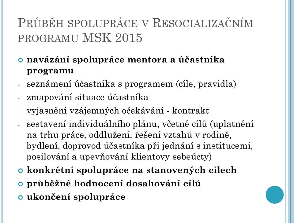 plánu, včetně cílů (uplatnění na trhu práce, oddlužení, řešení vztahů v rodině, bydlení, doprovod účastníka při jednání s