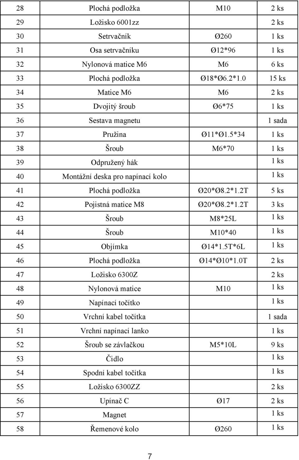 5*34 1 ks 38 Šroub M6*70 1 ks 39 Odpružený hák 1 ks 40 Montážní deska pro napínací kolo 1 ks 41 Plochá podložka Ø20*Ø8.2*1.2T 5 ks 42 Pojistná matice M8 Ø20*Ø8.2*1.2T 3 ks 43 Šroub M8*25L 1 ks 44 Šroub M10*40 1 ks 45 Objímka Ø14*1.