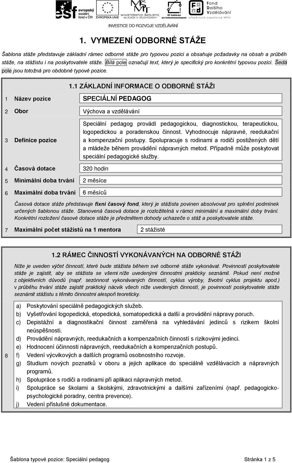 1 ZÁKLADNÍ INFORMACE O ODBORNÉ STÁŽI 1 Název pozice SPECIÁLNÍ PEDAGOG 2 Obor Výchova a vzdělávání 3 Definice pozice Speciální pedagog provádí pedagogickou, diagnostickou, terapeutickou, logopedickou