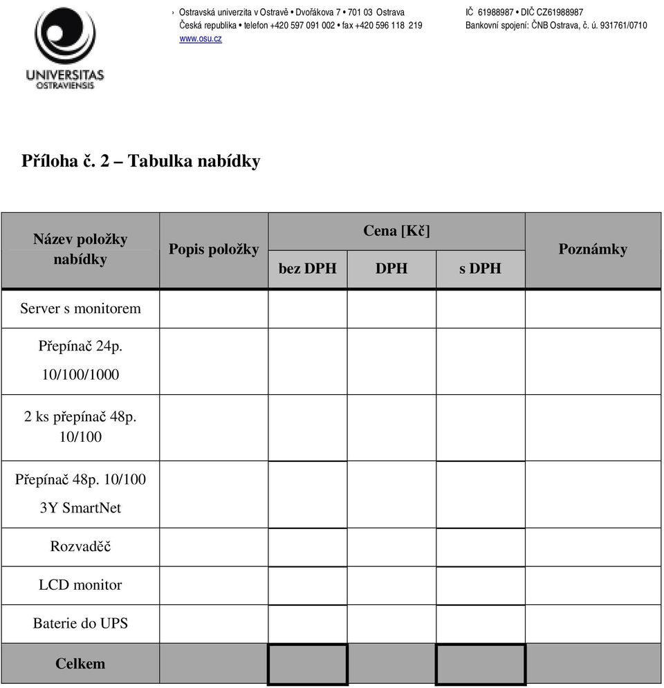 [Kč] bez DPH DPH s DPH Poznámky Server s monitorem Přepínač