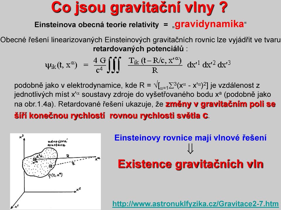 retardovaných potenciálů : podobně jako v elektrodynamice, kde R = [ a=1 3 (x a - x' a ) 2 ] je vzdálenost z jednotlivých míst x' a soustavy