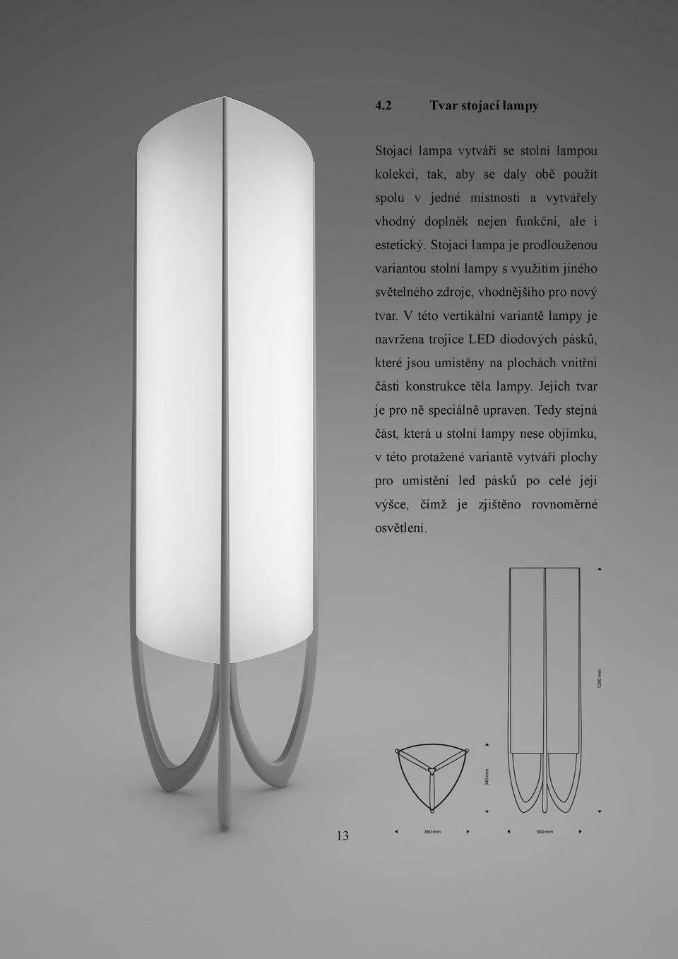 V této vertikální variantě lampy je navržena trojice LED diodových pásků, které jsou umístěny na plochách vnitřní části konstrukce těla lampy.