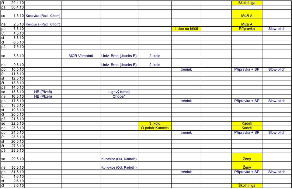 5.10 HB (Plzeň) Choceň po 17.5.10 trénink Přípravka + SP Slow-pitch út 18.5.10 st 19.5.10 čt 20.5.10 pá 21.5.10 so 22.5.10 3. kolo Kadeti ne 23.5.10 O pohár Kunovic Kadeti po 24.5.10 trénink Přípravka + SP Slow-pitch út 25.