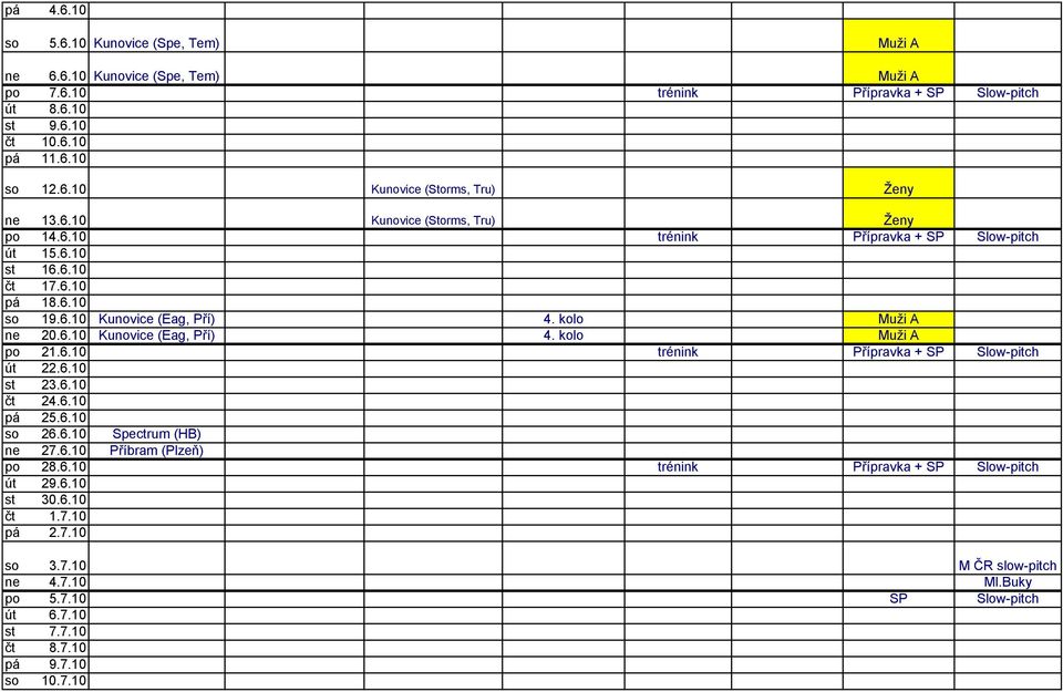 6.10 trénink Přípravka + SP Slow-pitch út 22.6.10 st 23.6.10 čt 24.6.10 pá 25.6.10 so 26.6.10 Spectrum (HB) ne 27.6.10 Příbram (Plzeň) po 28.6.10 trénink Přípravka + SP Slow-pitch út 29.6.10 st 30.