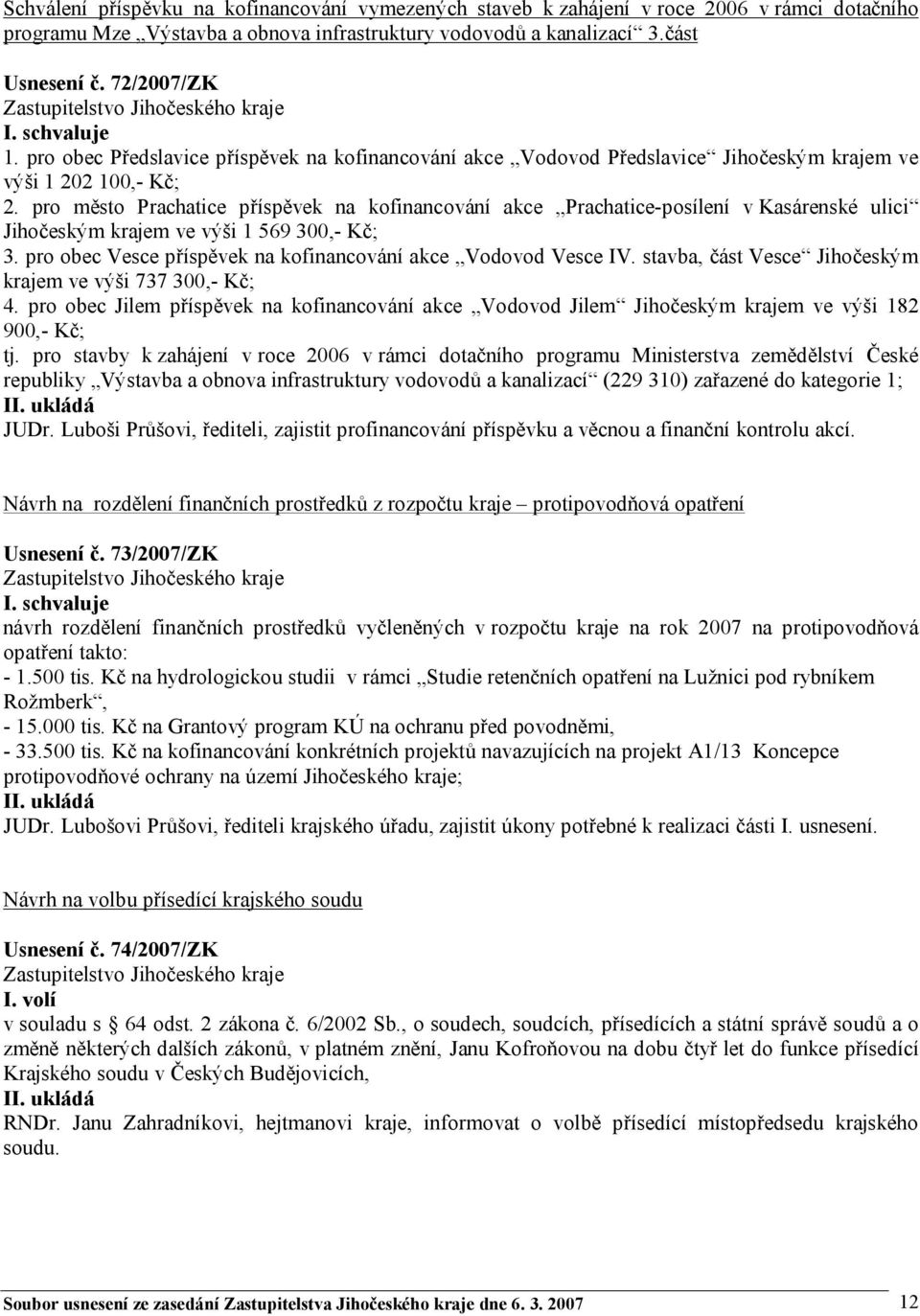 pro město Prachatice příspěvek na kofinancování akce Prachatice-posílení v Kasárenské ulici Jihočeským krajem ve výši 1 569 300,- Kč; 3.