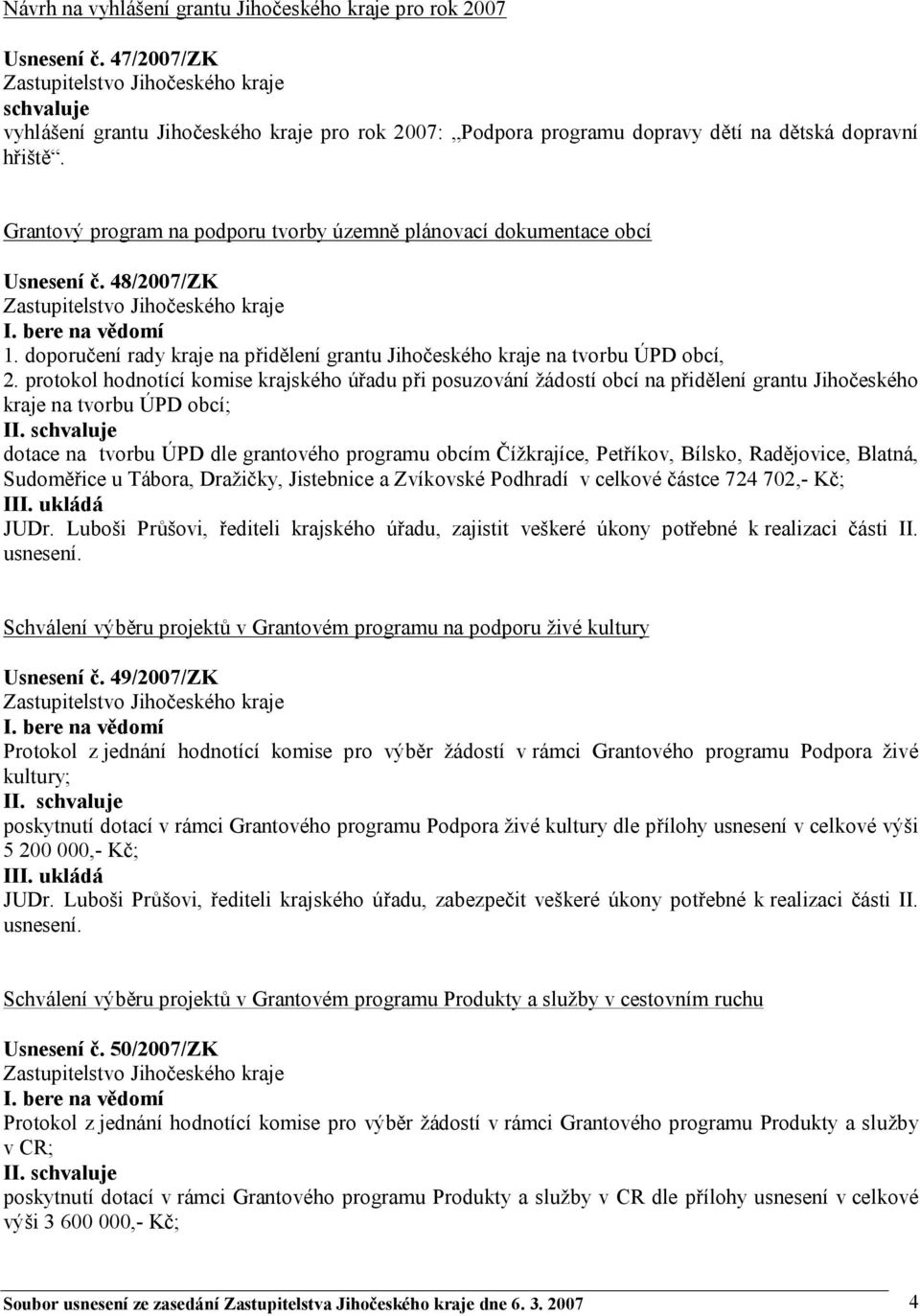 protokol hodnotící komise krajského úřadu při posuzování žádostí obcí na přidělení grantu Jihočeského kraje na tvorbu ÚPD obcí; I dotace na tvorbu ÚPD dle grantového programu obcím Čížkrajíce,