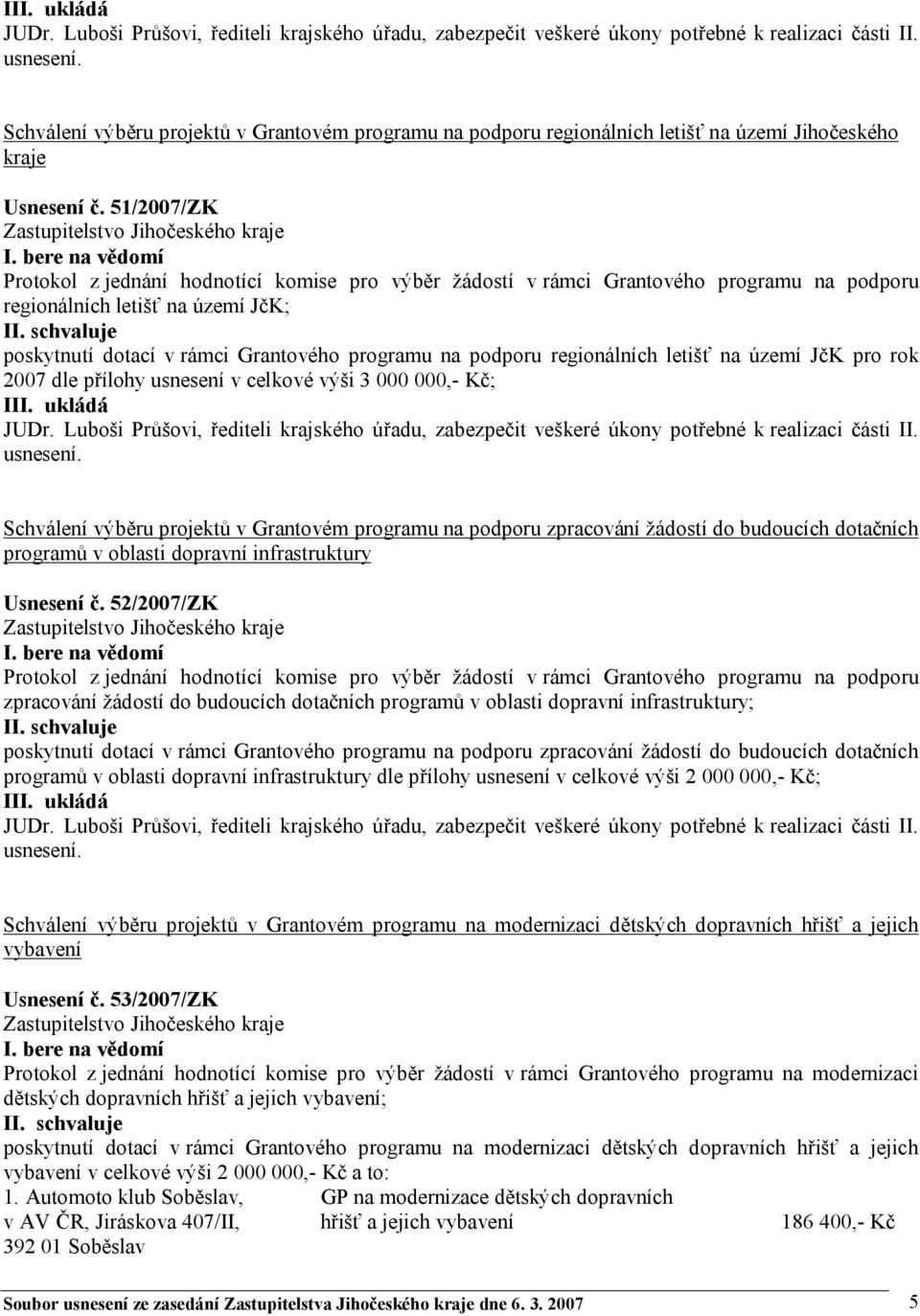 bere na vědomí Protokol z jednání hodnotící komise pro výběr žádostí v rámci Grantového programu na podporu regionálních letišť na území JčK; I poskytnutí dotací v rámci Grantového programu na