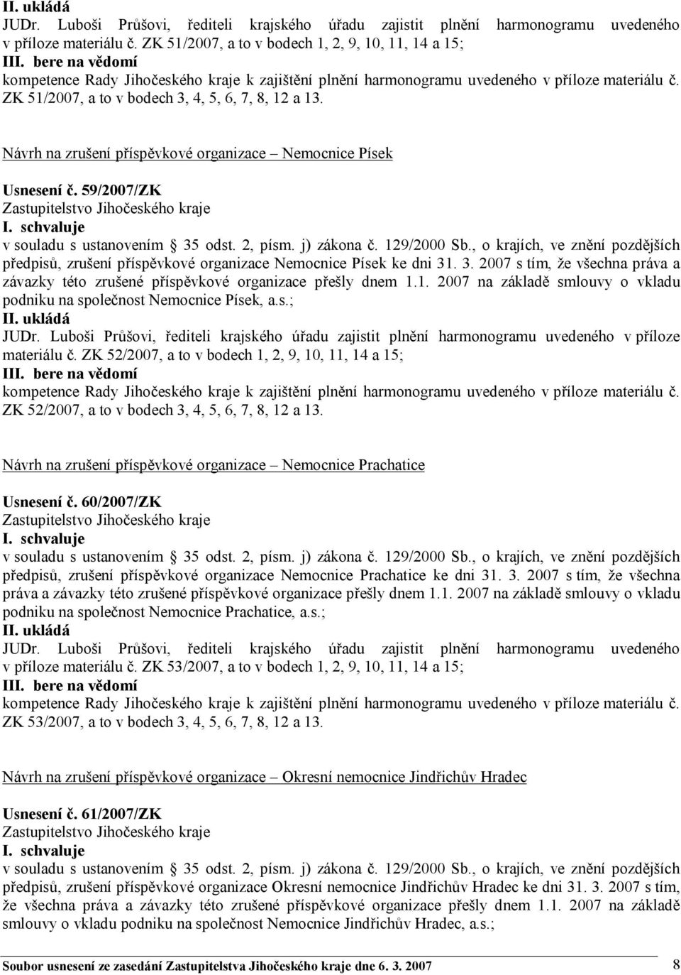 Návrh na zrušení příspěvkové organizace Nemocnice Písek Usnesení č. 59/2007/ZK v souladu s ustanovením 35 odst. 2, písm. j) zákona č. 129/2000 Sb.