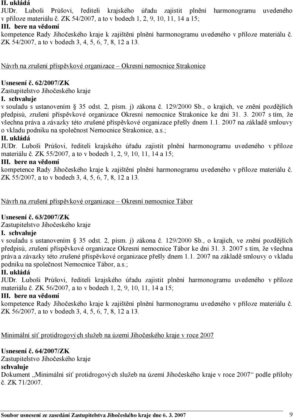 Návrh na zrušení příspěvkové organizace Okresní nemocnice Strakonice Usnesení č. 62/2007/ZK v souladu s ustanovením 35 odst. 2, písm. j) zákona č. 129/2000 Sb.