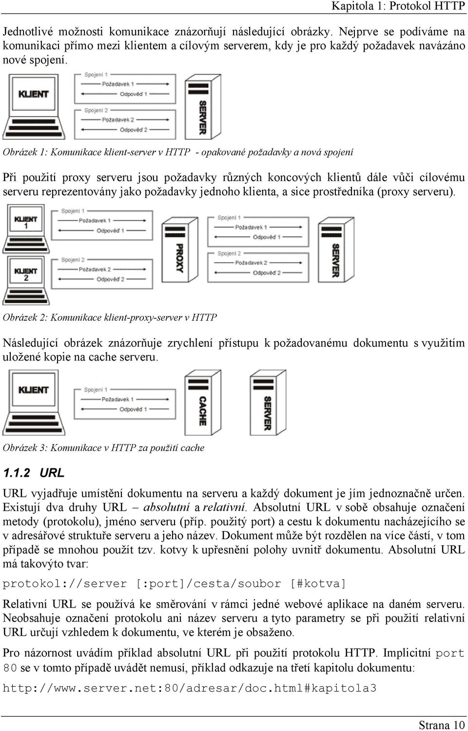 Obrázek 1: Komunikace klient-server v HTTP - opakované požadavky a nová spojení Při použití proxy serveru jsou požadavky různých koncových klientů dále vůči cílovému serveru reprezentovány jako