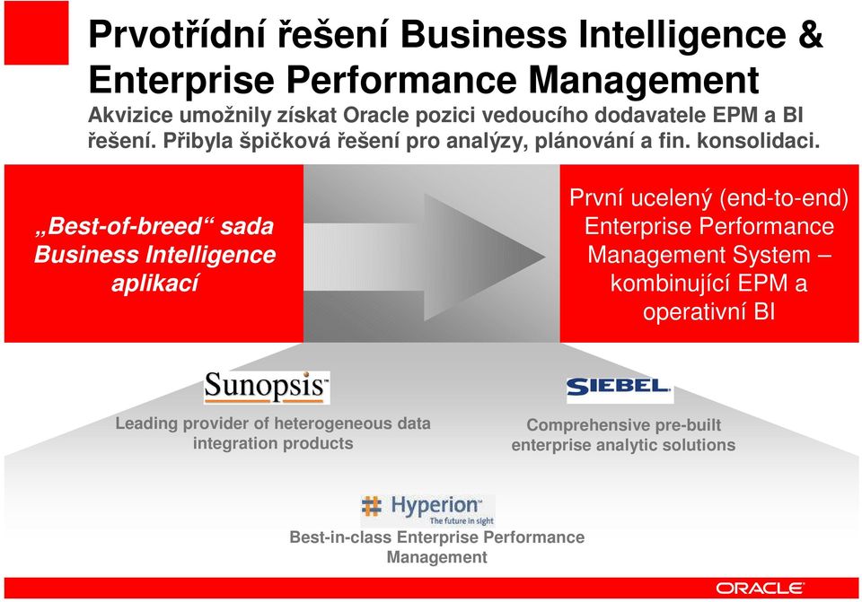 Best-of-breed sada Business Intelligence aplikací První ucelený (end-to-end) Enterprise Performance Management System kombinující