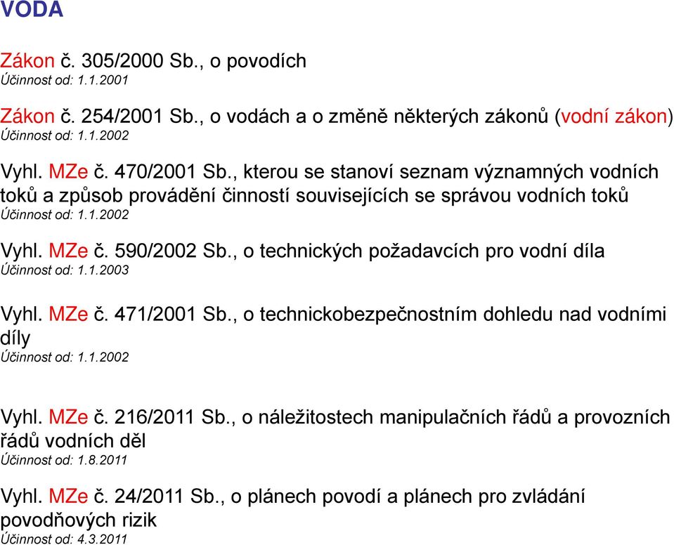 , o technických požadavcích pro vodní díla Účinnost od: 1.1.2003 Vyhl. MZe č. 471/2001 Sb., o technickobezpečnostním dohledu nad vodními díly Účinnost od: 1.1.2002 Vyhl. MZe č. 216/2011 Sb.